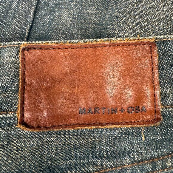 Martin + Osa Mens Size 40x32 BootCut Blue Jeans Distressed dirty denim look - Picture 8 of 9